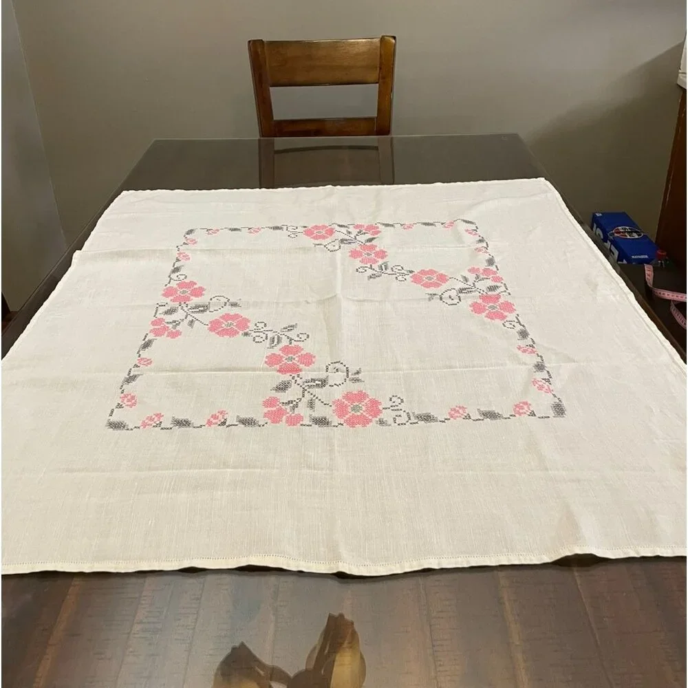 Vintage Cross Stitch Tablecloth Used Pink Gray